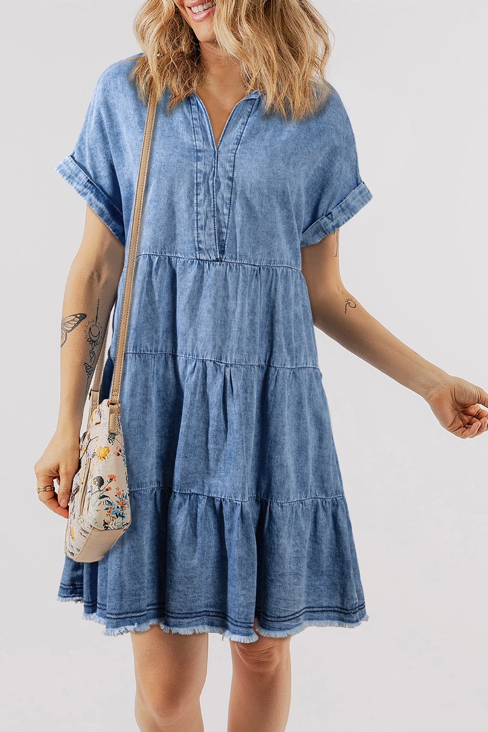 Raw Hem Collared Neck Short Sleeve Denim Dress.