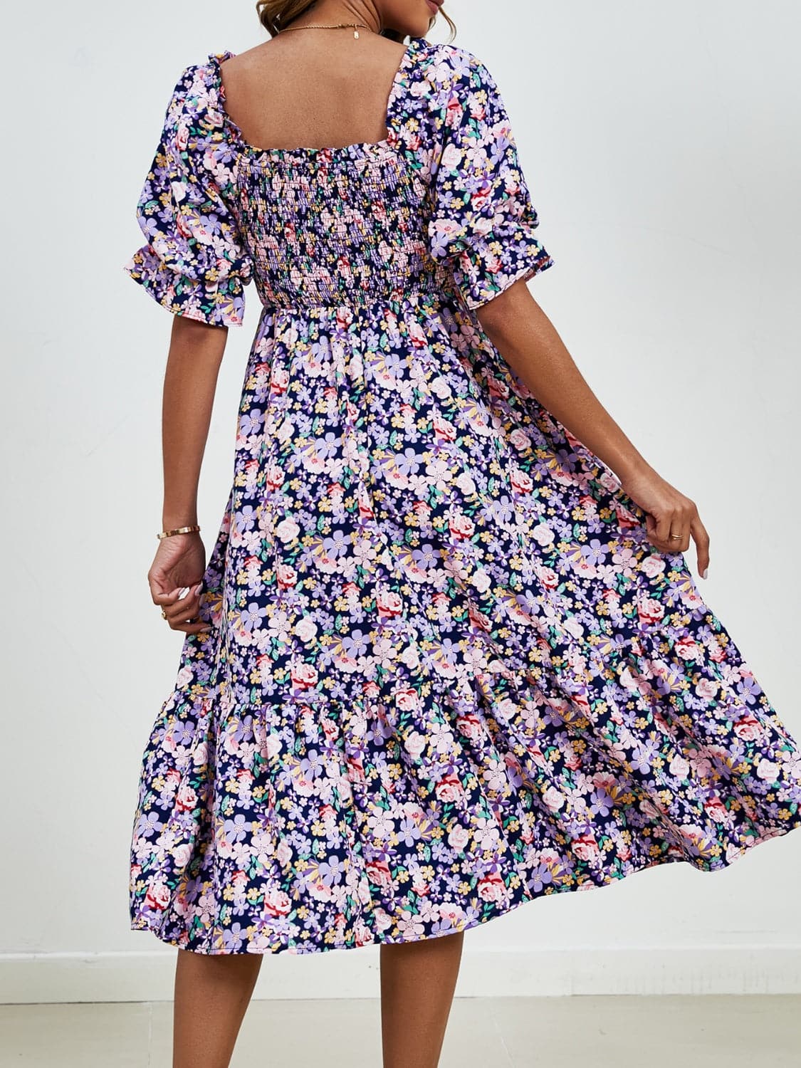 Smocked Floral Square Neck Short Sleeve Dress.