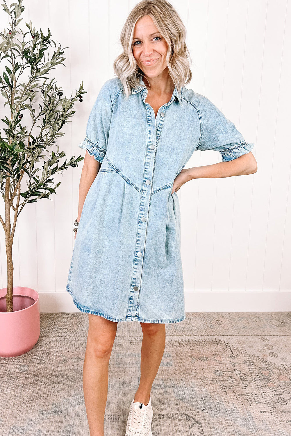Beau Blue Mineral Wash Ruffled Short Sleeve Denim Dress