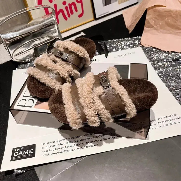Fuzzy Buckle Accent Plush Slippers Simply Love