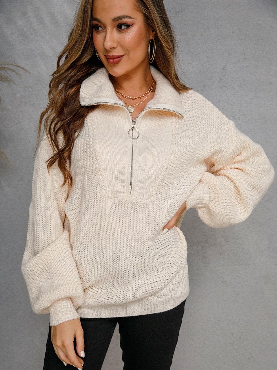 Half Zip Dropped Shoulder Sweater.