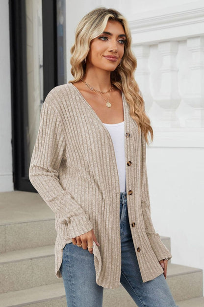 Ribbed Button Up Long Sleeve Cardigan.