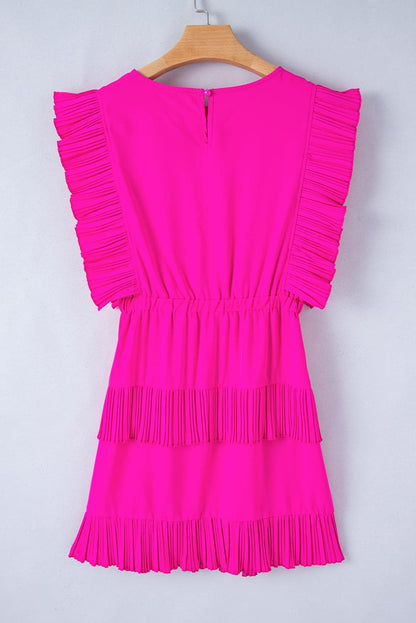 Ruched Round Neck Cap Sleeve Mini Dress.