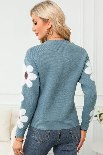 Flower Round Neck Long Sleeve Sweater.