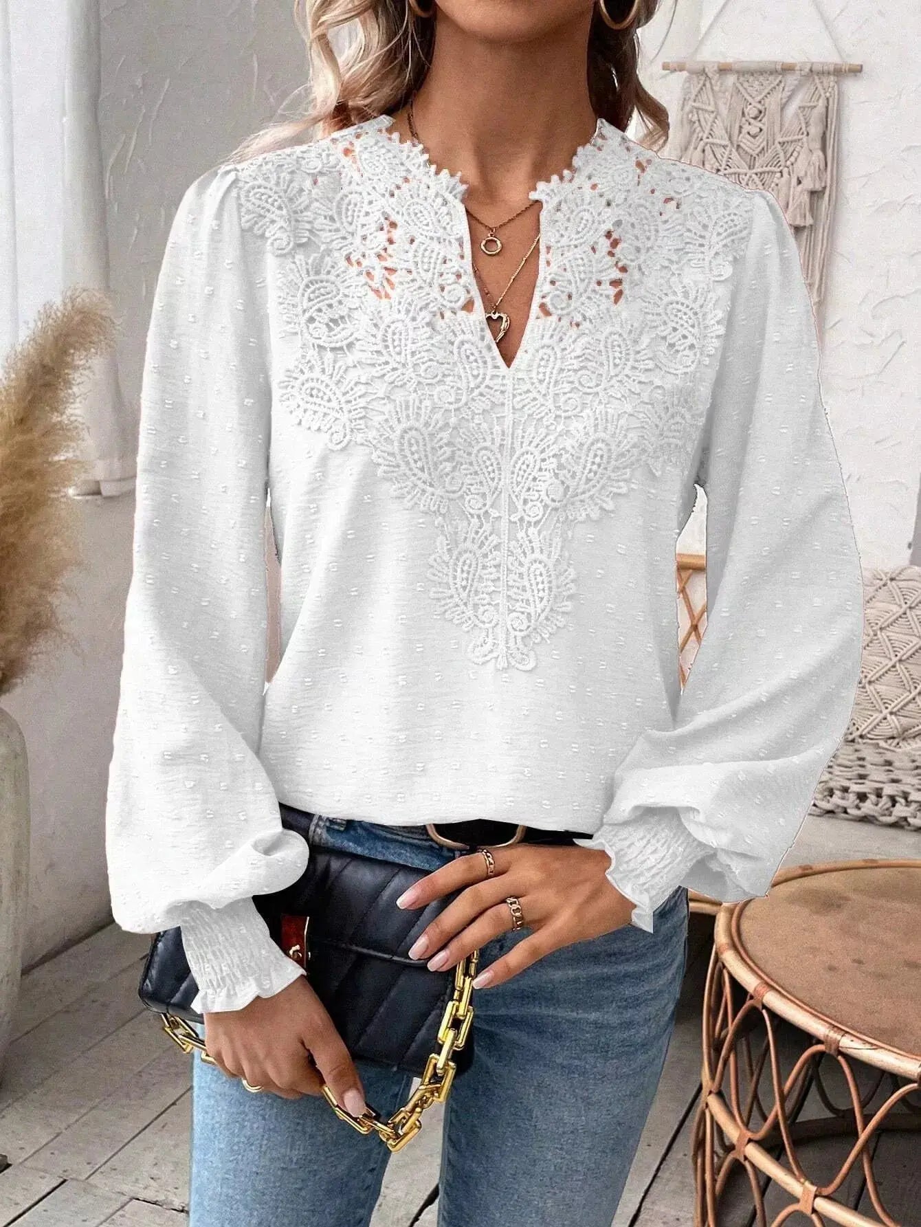 Lace Trim Long Sleeve Blouse Simply Love