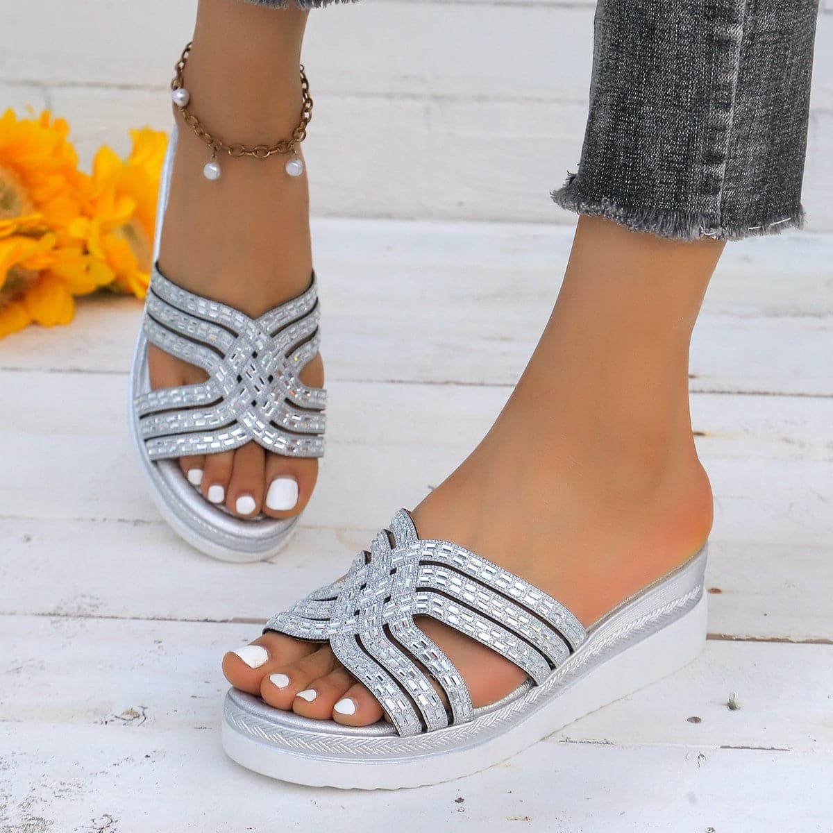 Rhinestone Open Toe Wedge Sandals.