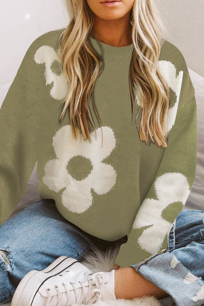 Round Neck Floral Pattern Color Contrast  Design Long Sleeve Sweater.