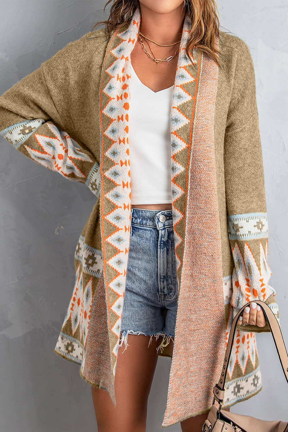 Geometric Open Front Long Sleeve Cardigan.