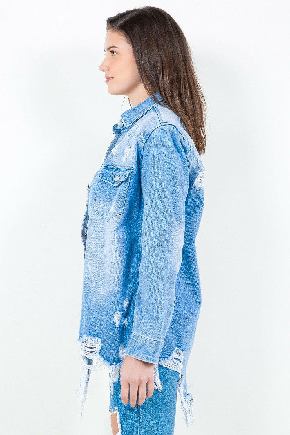 American Bazi Frayed Hem Distressed Denim Shirt Jacket.