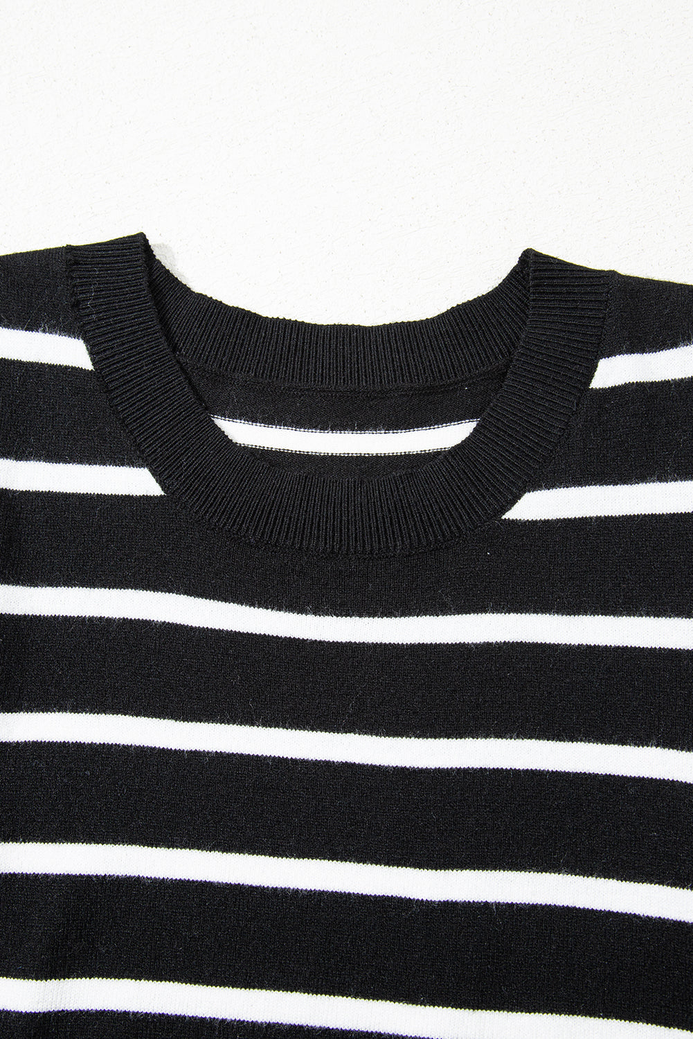White Stripe Ribbed Trim Round Neck Bubble Sleeve Knitted Top - Love Salve 