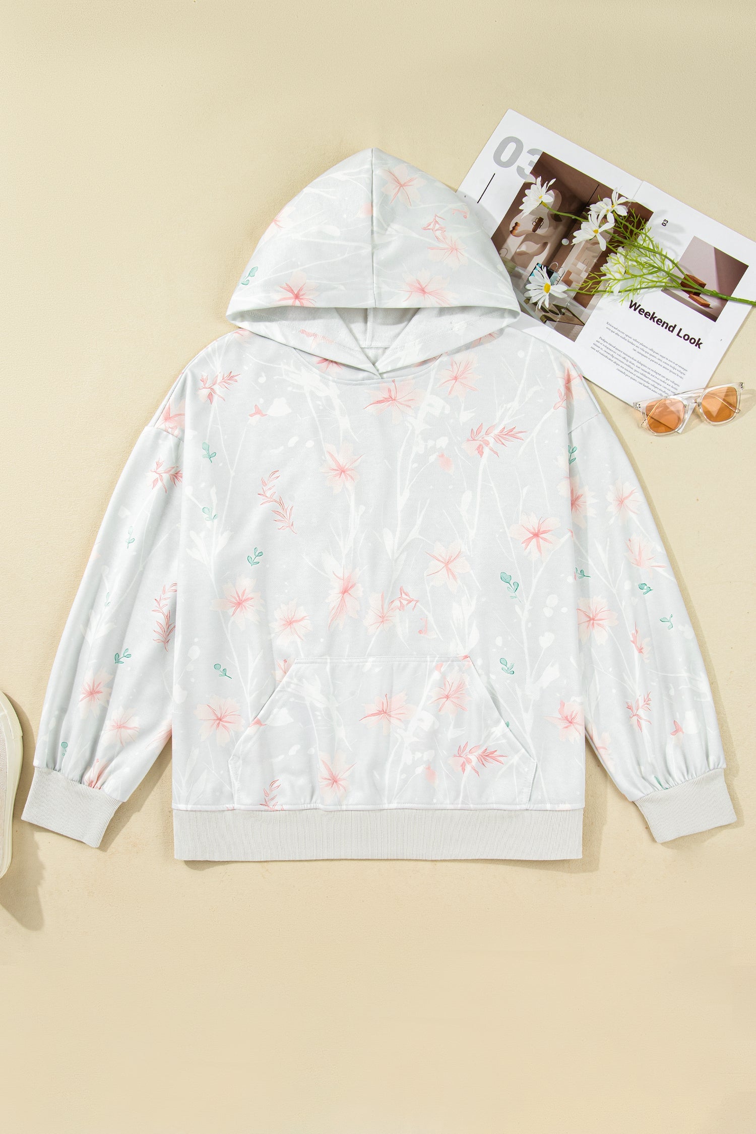 Gray Floral Print Plus Size Loose Hoodie For Women Relaxed Fit Dear-Lover Dropshipping