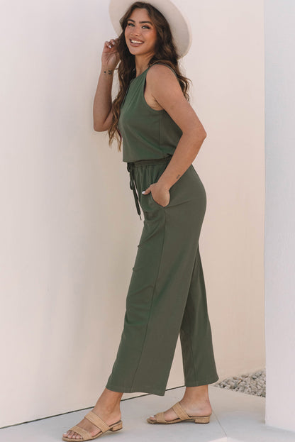 Vineyard Green Sleeveless Wide-Leg Jumpsuit with Drawstring Waist and Button Detail