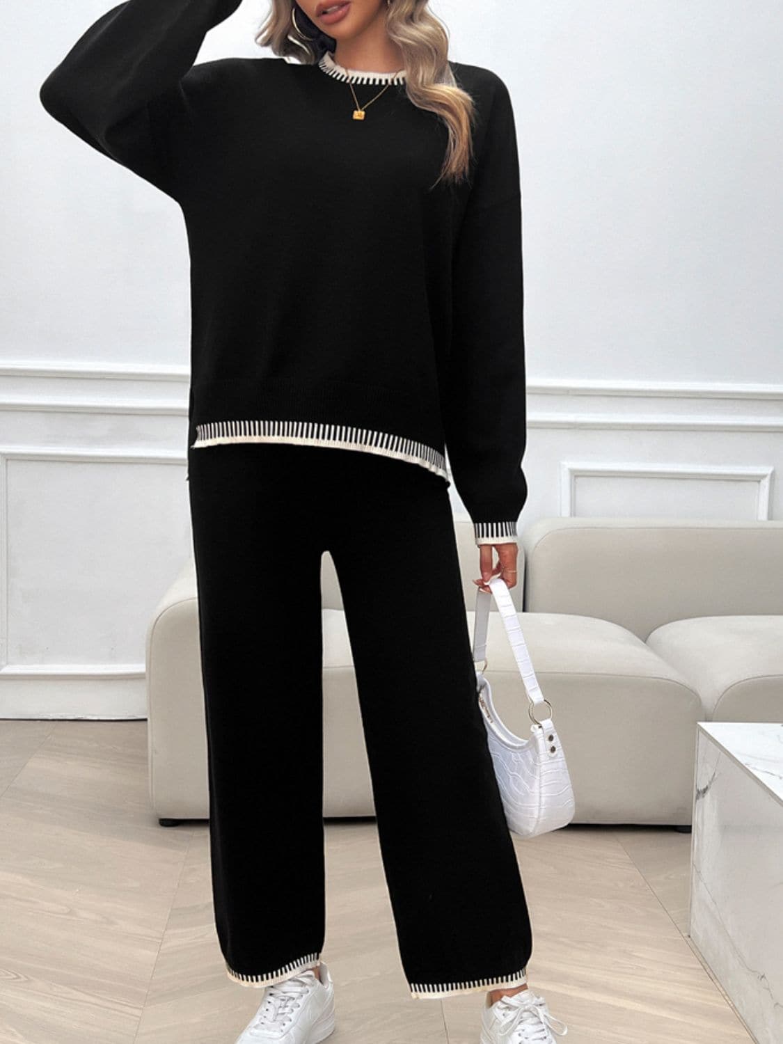 Round Neck Dropped Shoulder Top and Pants Sweater Set.