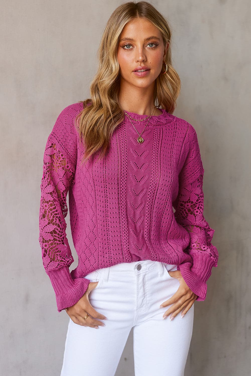 Openwork Lantern Sleeve Dropped Shoulder Sweater.