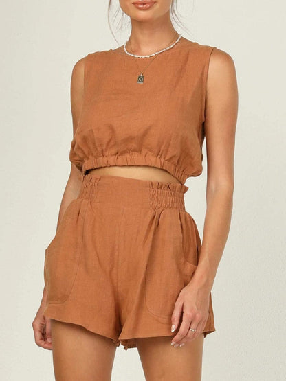 Round Neck Sleeveless Top and Shorts Set.