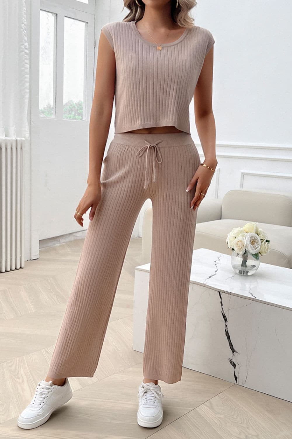 Ribbed Round Neck Top and Pants Set.