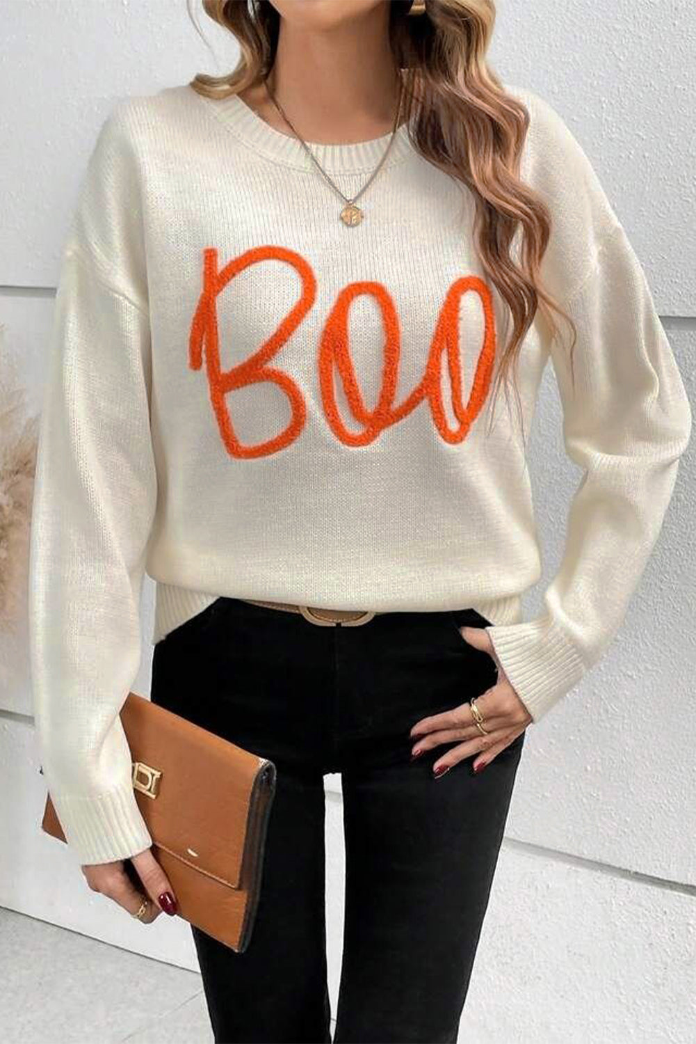 Cozy apricot "Boo" ribbed edge drop shoulder sweater