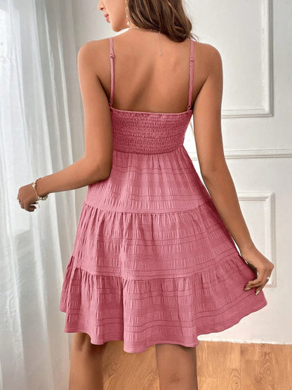 Smocked Tiered Sleeveless Mini Dress.