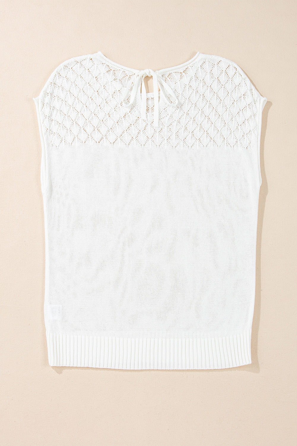 Elegant White Eyelet Knit Short Sleeve Sweater with Tied Back Detail