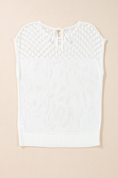 Elegant White Eyelet Knit Short Sleeve Sweater with Tied Back Detail