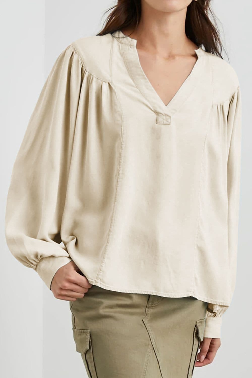 Ruched Notched Long Sleeve Blouse.