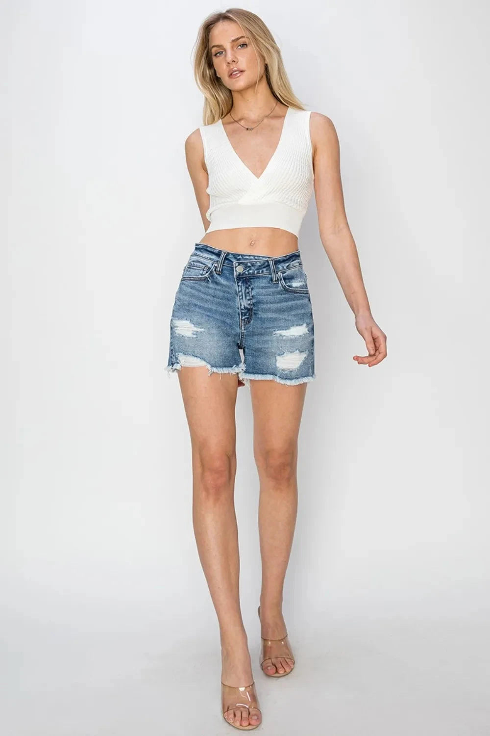 RISEN Stepped Waist Frayed Denim Shorts Coco’s Tee Boutique