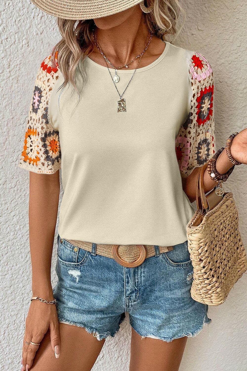 Geometric Round Neck Short Sleeve Blouse.