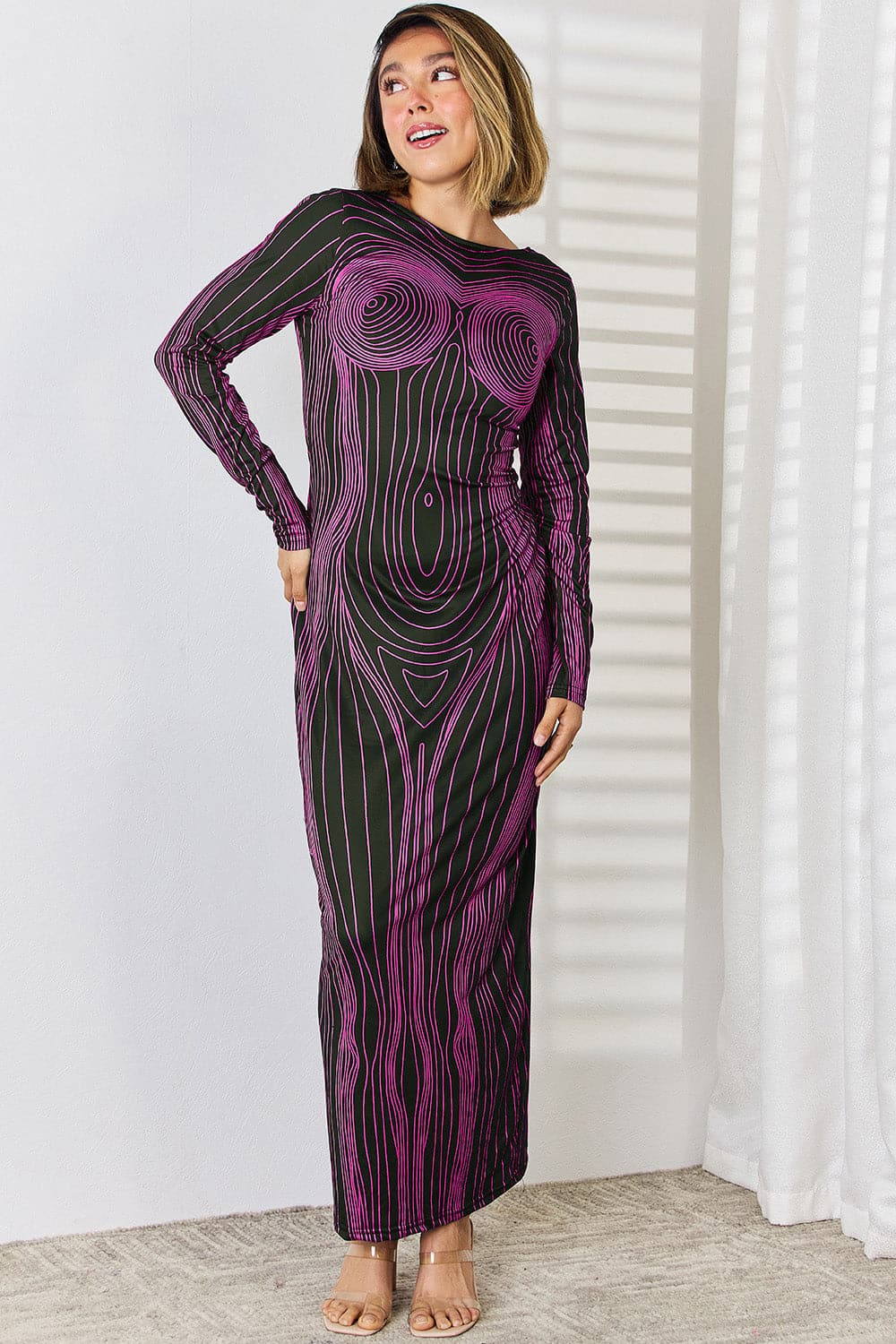 Cutout Round Neck Long Sleeve Maxi Dress.