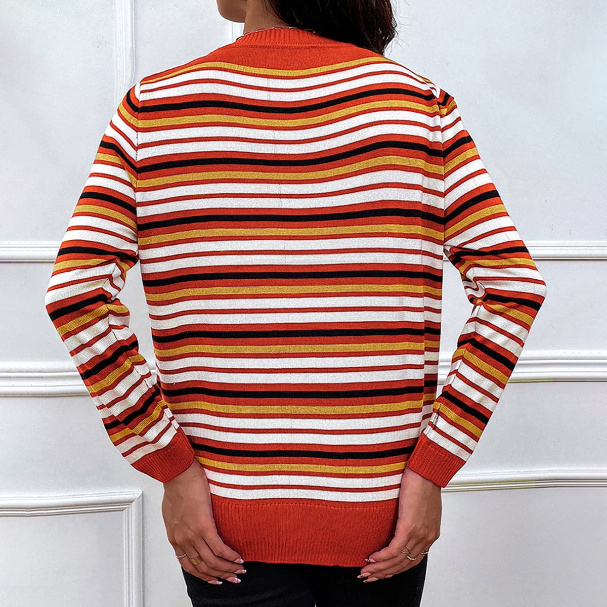 Striped Round Neck Long Sleeve Sweater.