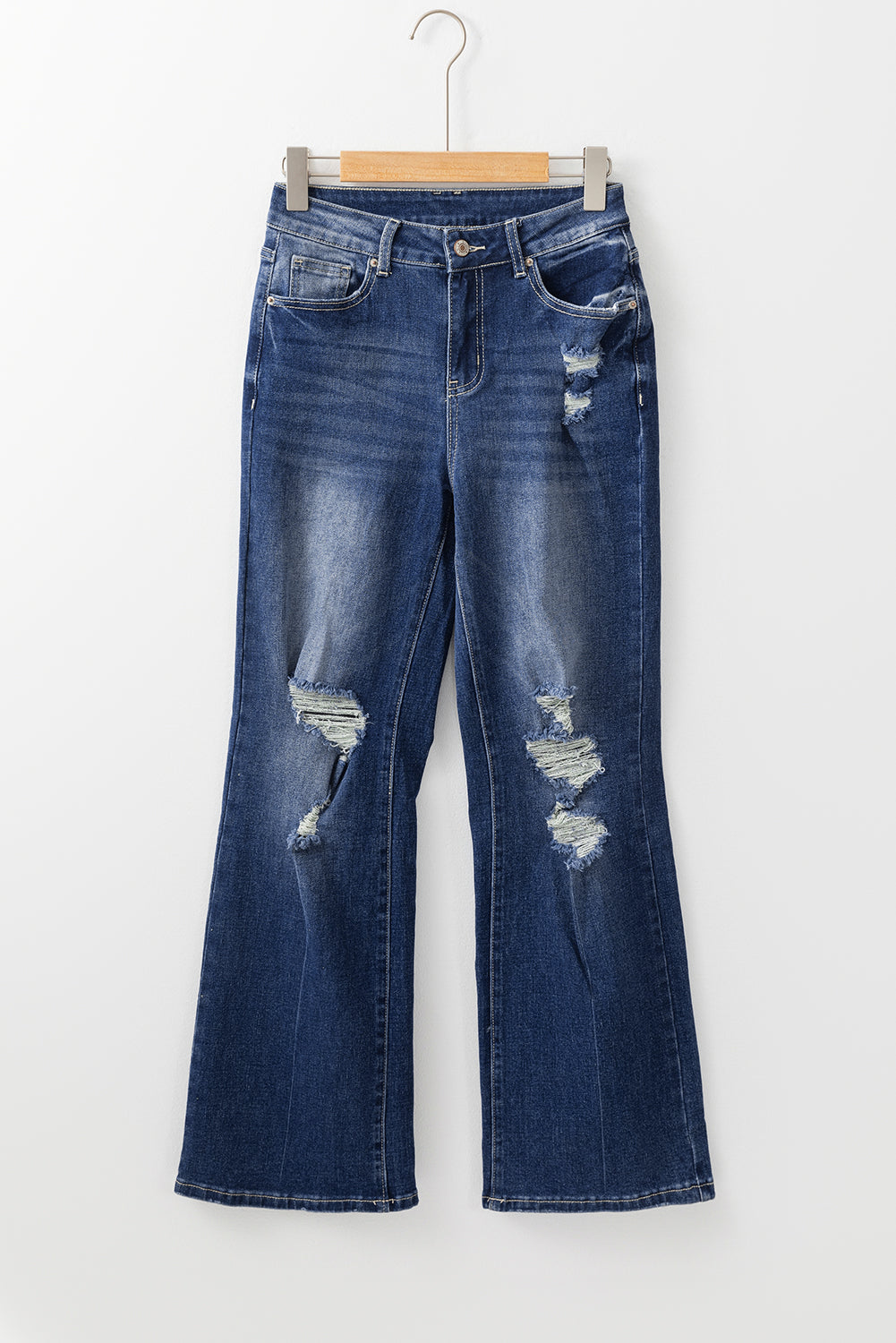 High-waisted dusk blue ripped jeans