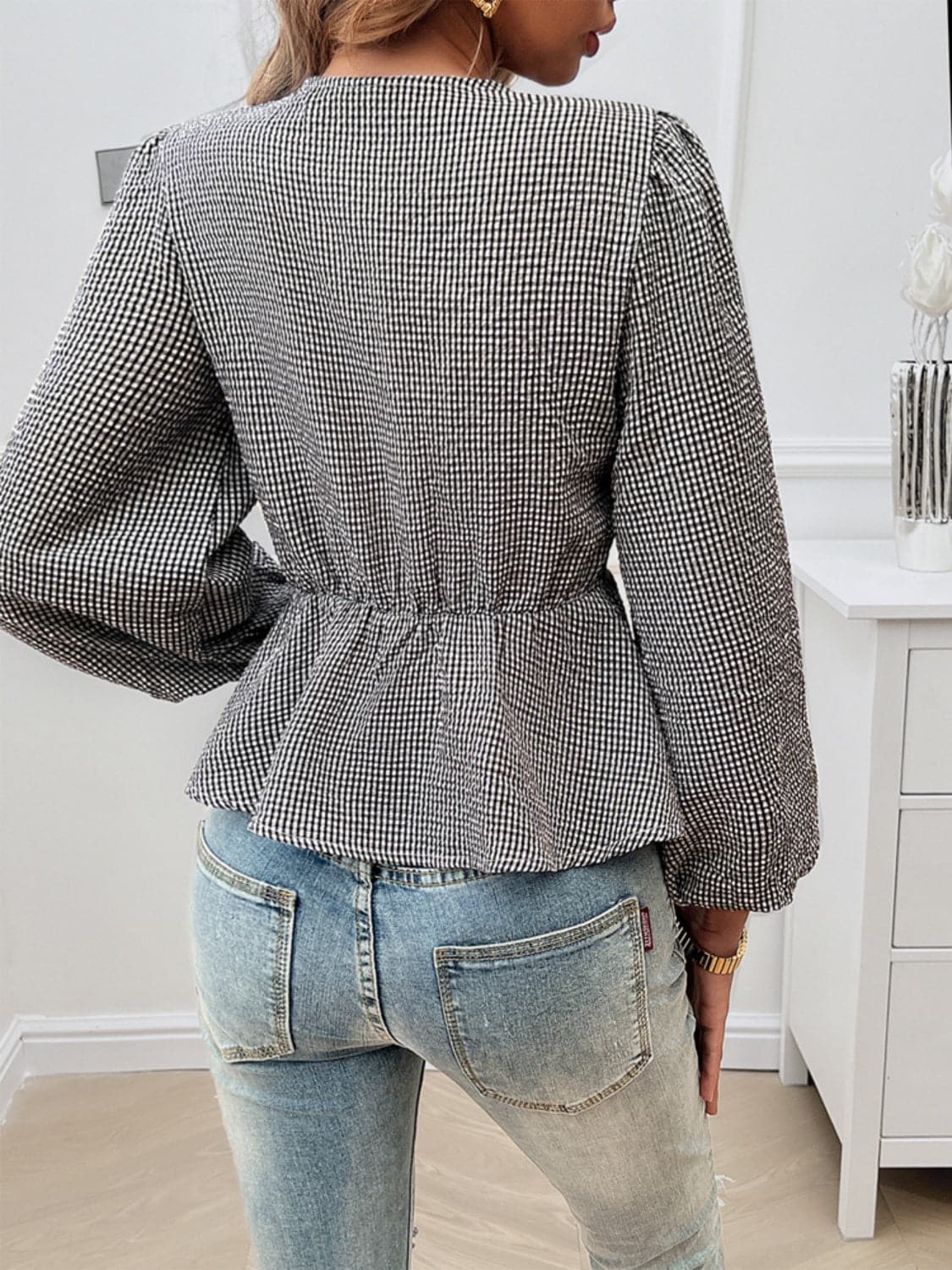 Tied neck sheer long sleeve blouse