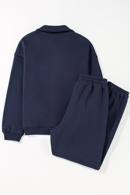 Navy blue pullover and joggers tracksuit with fold-down collar