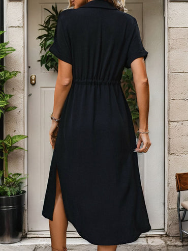 Slit Drawstring Button Up Short Sleeve Midi Dress.