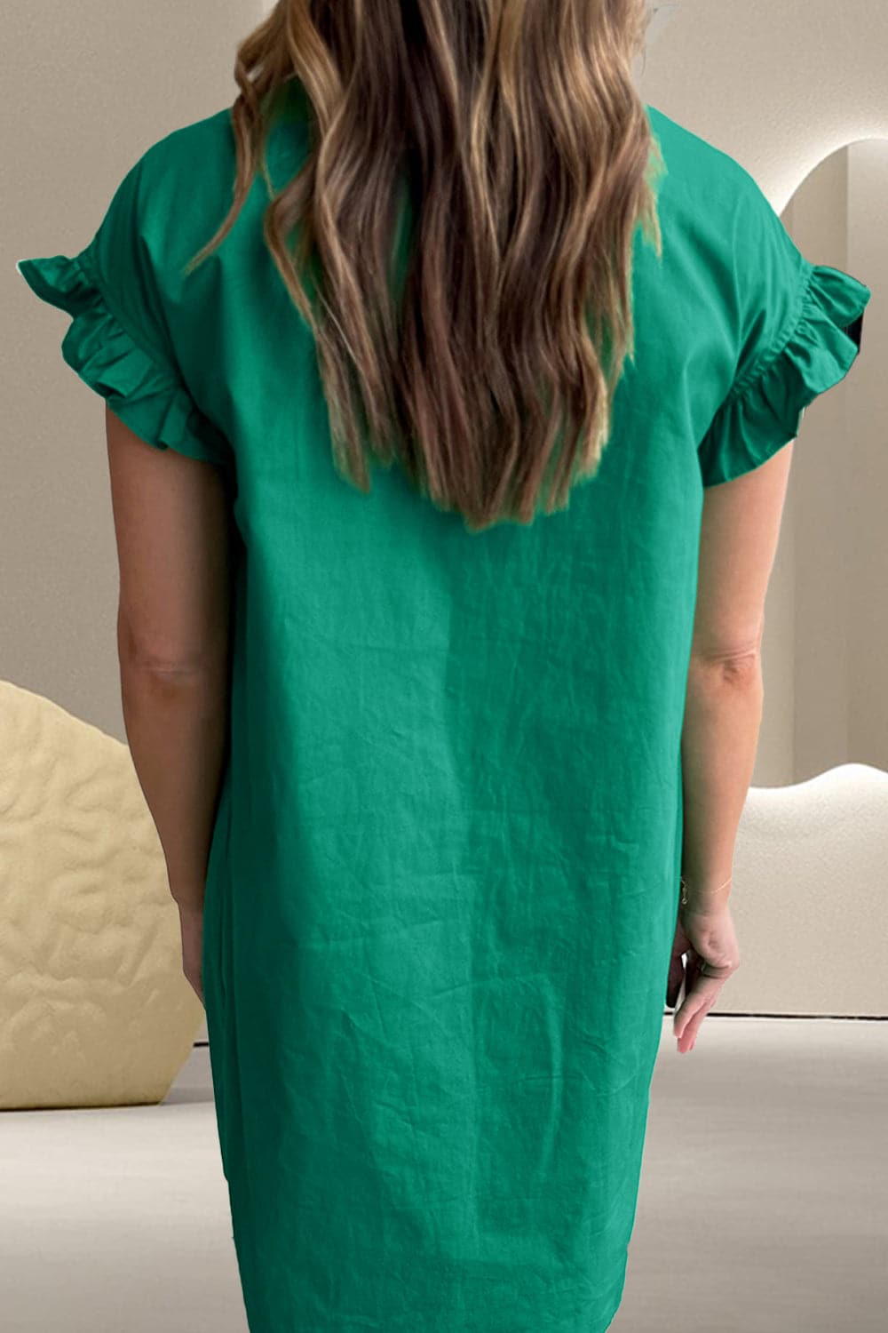 Collared Neck Flounce Sleeve Dress.