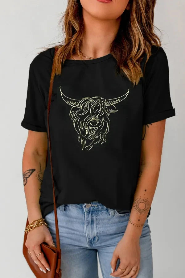 Bull Head Embroidered Round Neck T Shirt Simply Love