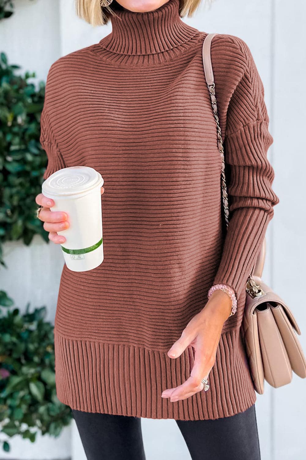 Ribbed Turtleneck Dropped Shoulder Pullover Sweater.