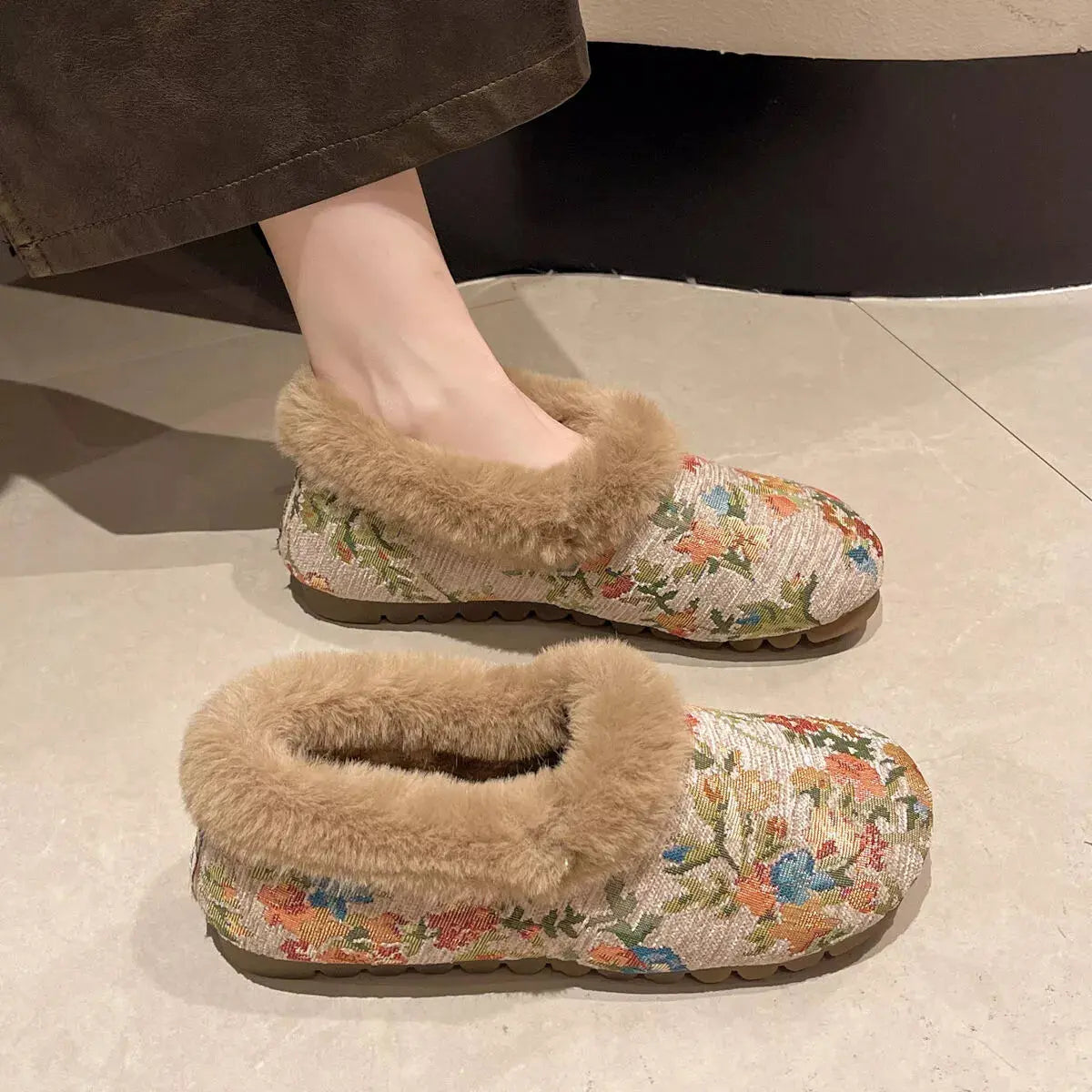 Floral Pattern Plush Lined Slip-Ons Simply Love