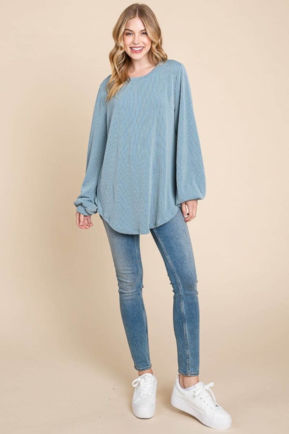 BOMBOM Long Sleeve Curved Hem Ribbed T-Shirt.