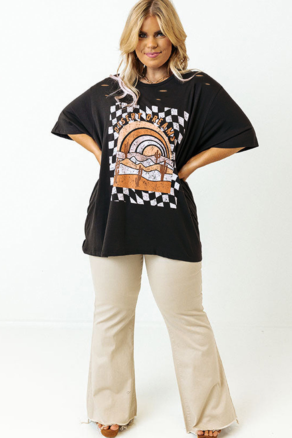 Black Checkered DESERT DREAMS Plus Size Ripped Tee