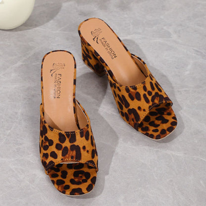 Leopard Block Heel Suede Sandals.