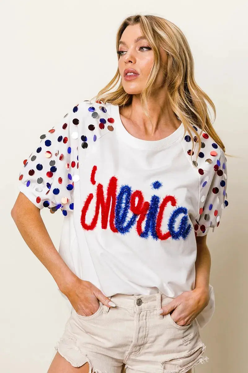 BiBi Metallic Letter Spangle Raglan Puff Sleeve Top - Love Salve 