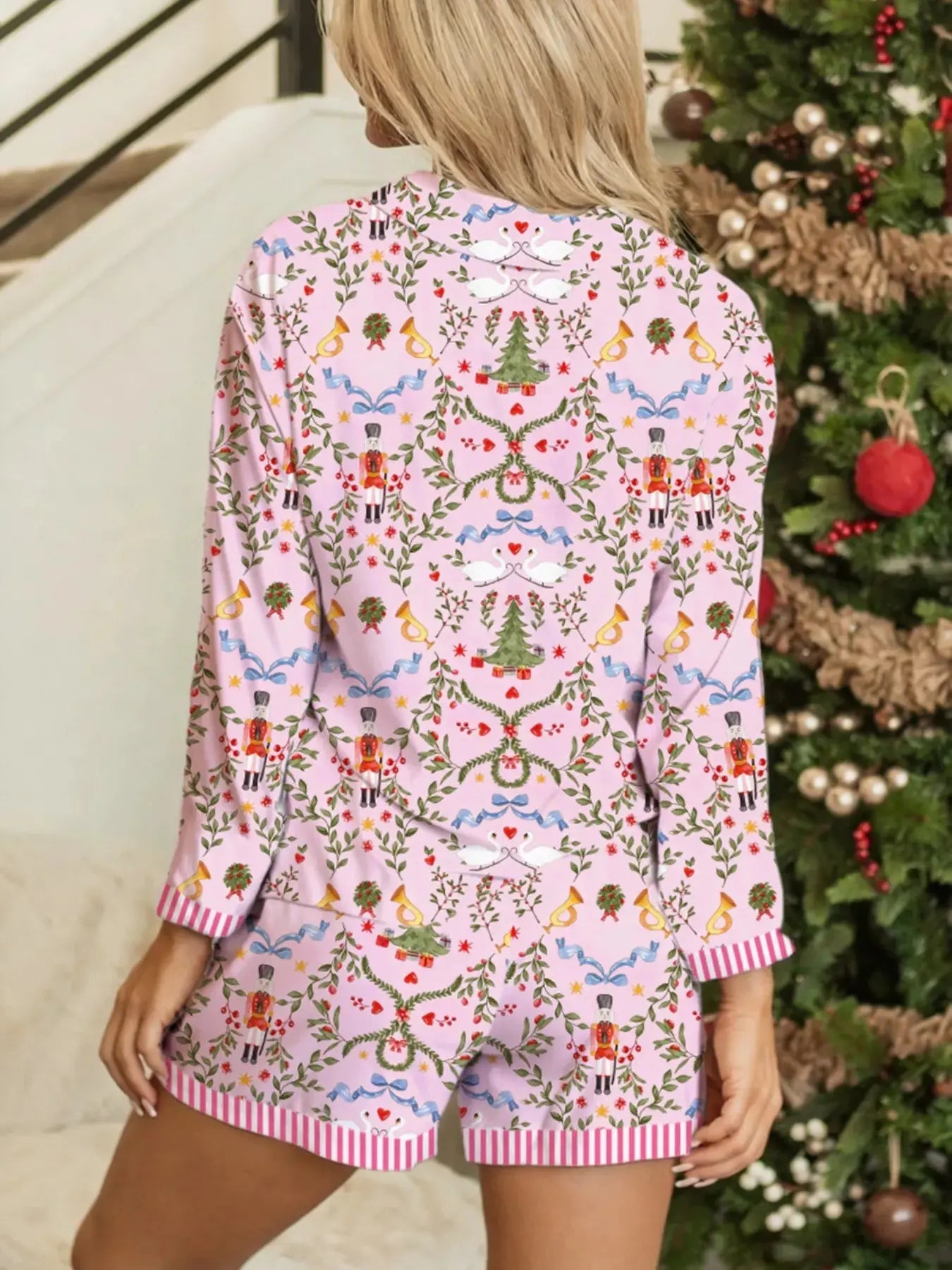 Christmas Nutcracker Print Pajama Set Women Long Sleeve Top Shorts Simply Love