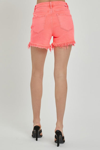 RISEN Raw Hem Asymmetrical Waist Denim Shorts.