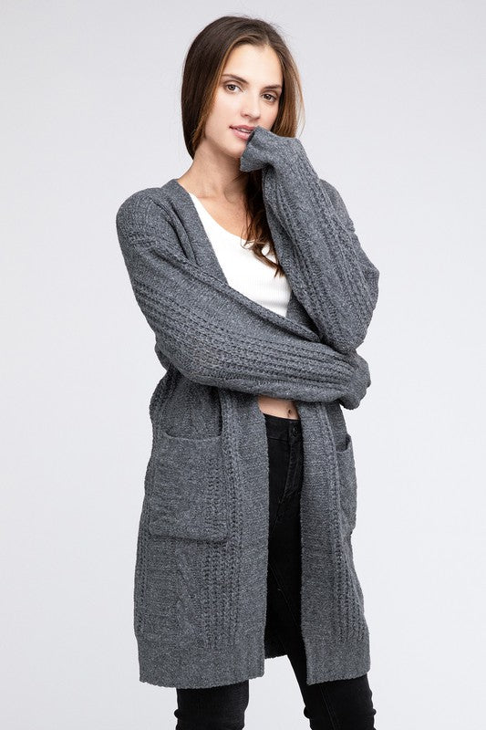 Twisted texture open front cardigan with pockets