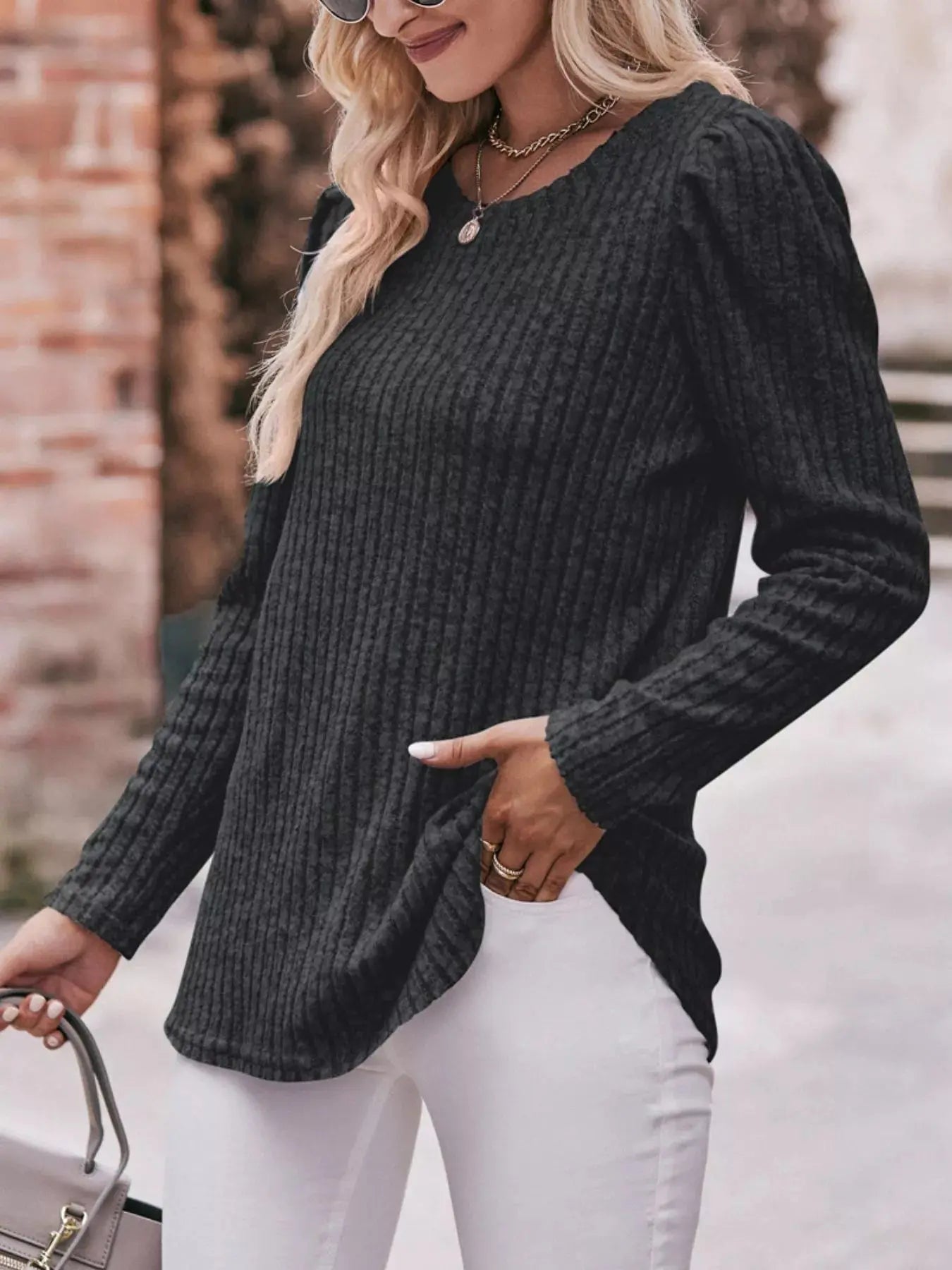 Ribbed Knit Puff Sleeve T-Shirt Simply Love