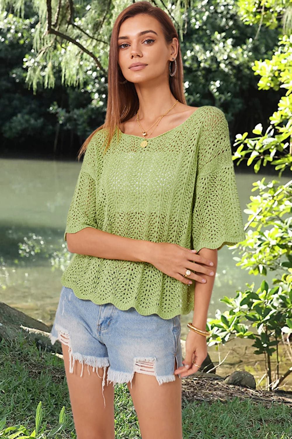 Openwork Round Neck Half Sleeve Knit Top.