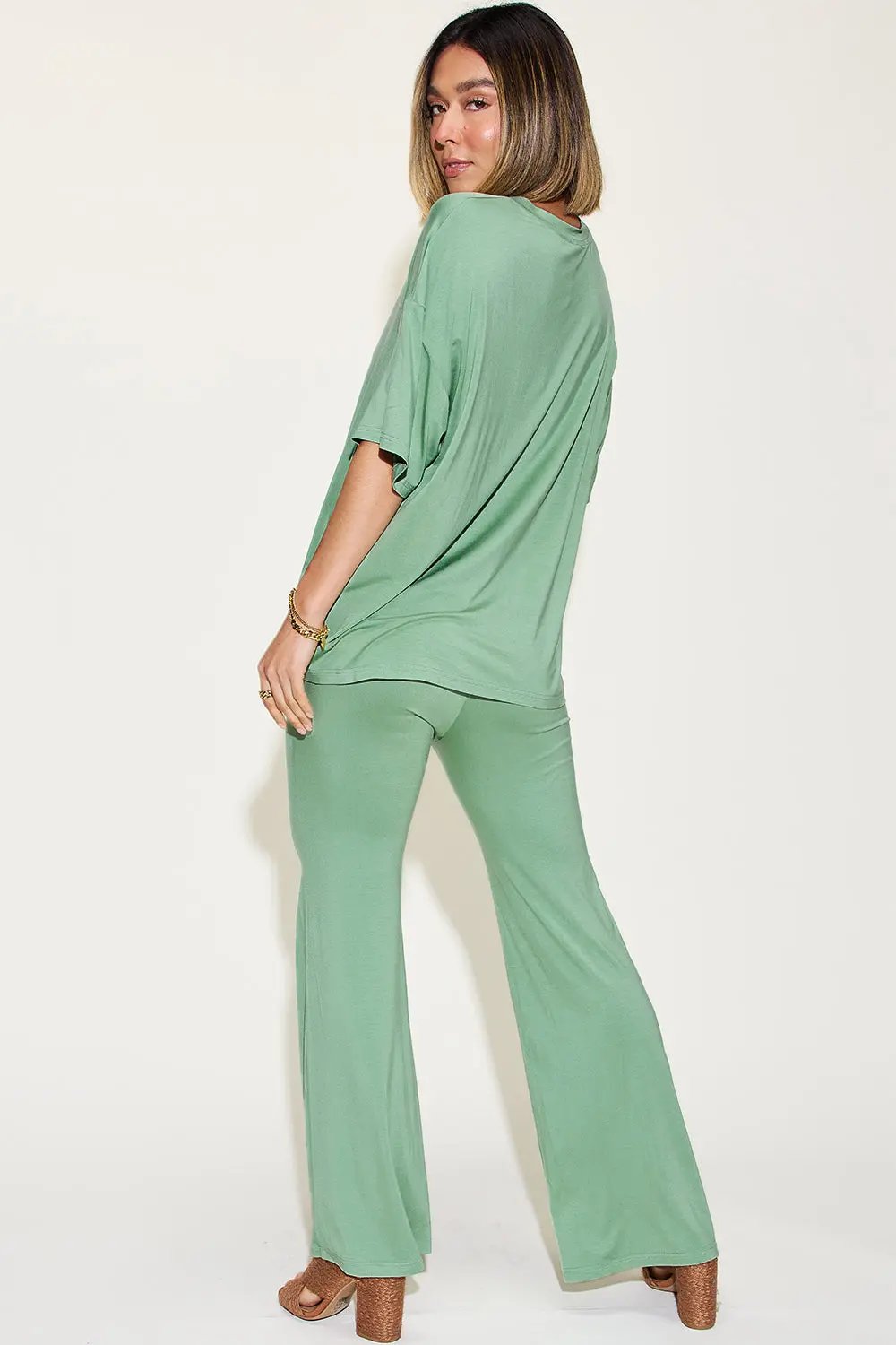 Basic Bae Full Size Bamboo Drop Shoulder T-Shirt and Flare Pants Set - Love Salve