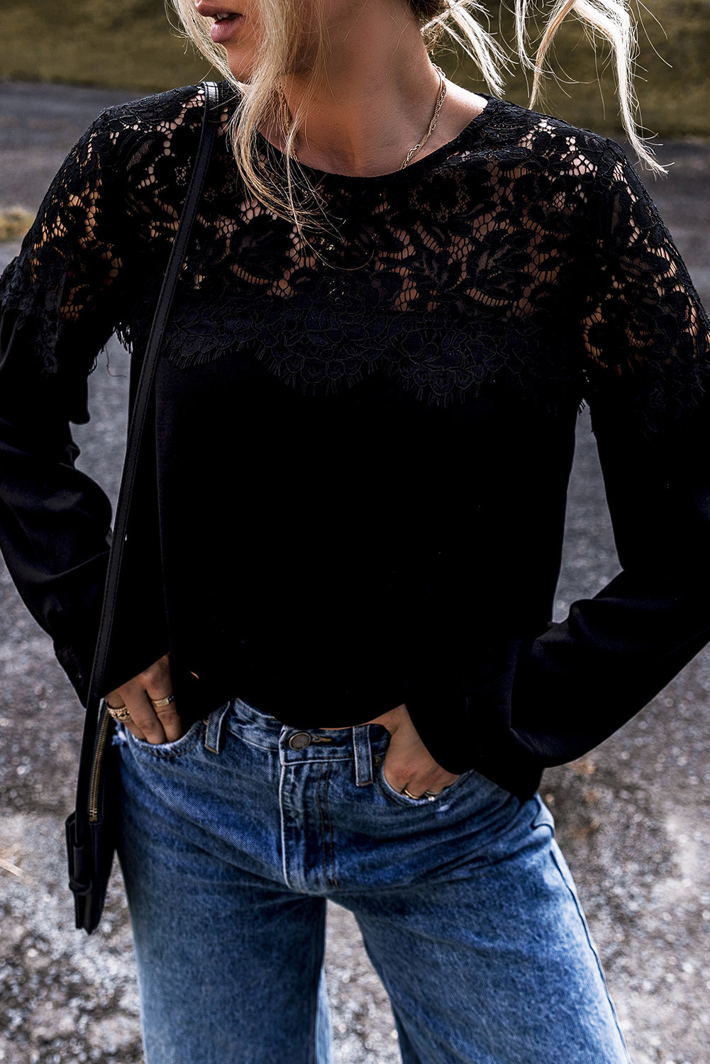 Elegant black lace crochet long sleeve top with O neck design