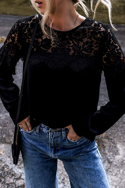 Elegant black lace crochet long sleeve top with O neck design