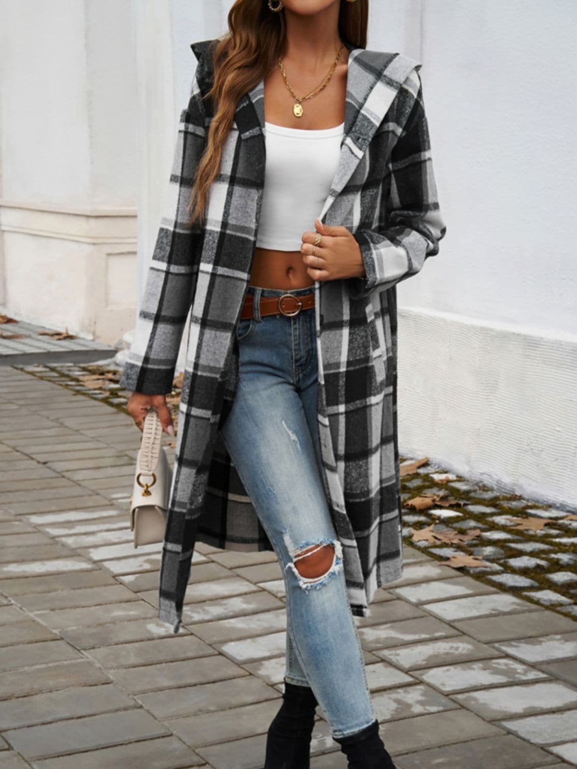 Chic plaid hooded coat with pockets